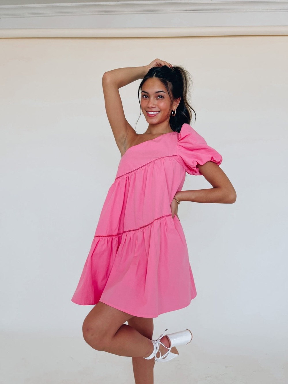 One-Shoulder Pink Tiered Mini Dress - Boutique